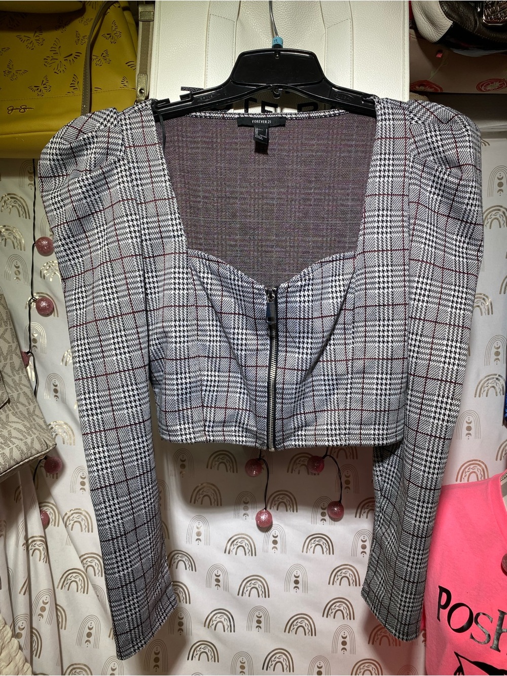 Forever 21 Black & White Plaid Cropped Blazer Jacket